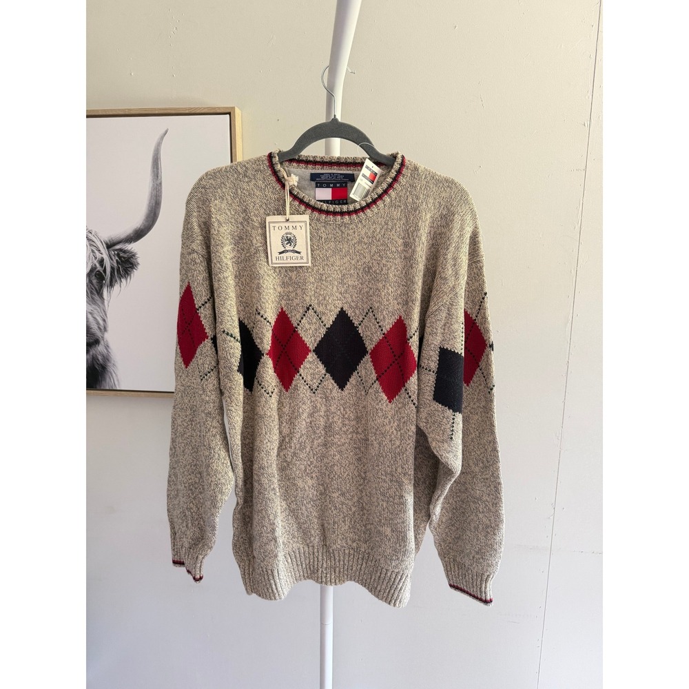 Tommy Hilfiger Argyle Sweater Mens L Beige New With Tags Cotton Knit Crewneck